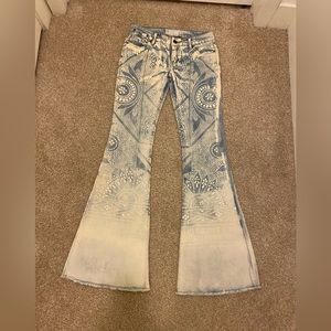 Rare Free People Light Wash Bali Discharge Flare Printed Denim Jeans